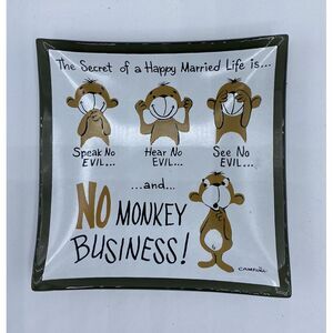 Vintage Campana Monkey Business Secret Happy Married Life Glass Trinket Dish MCM